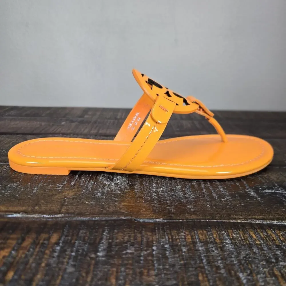 NEW Tory Burch Metal Miller Leather Womens Size 6 Logo Sandal Flip Flops Orange